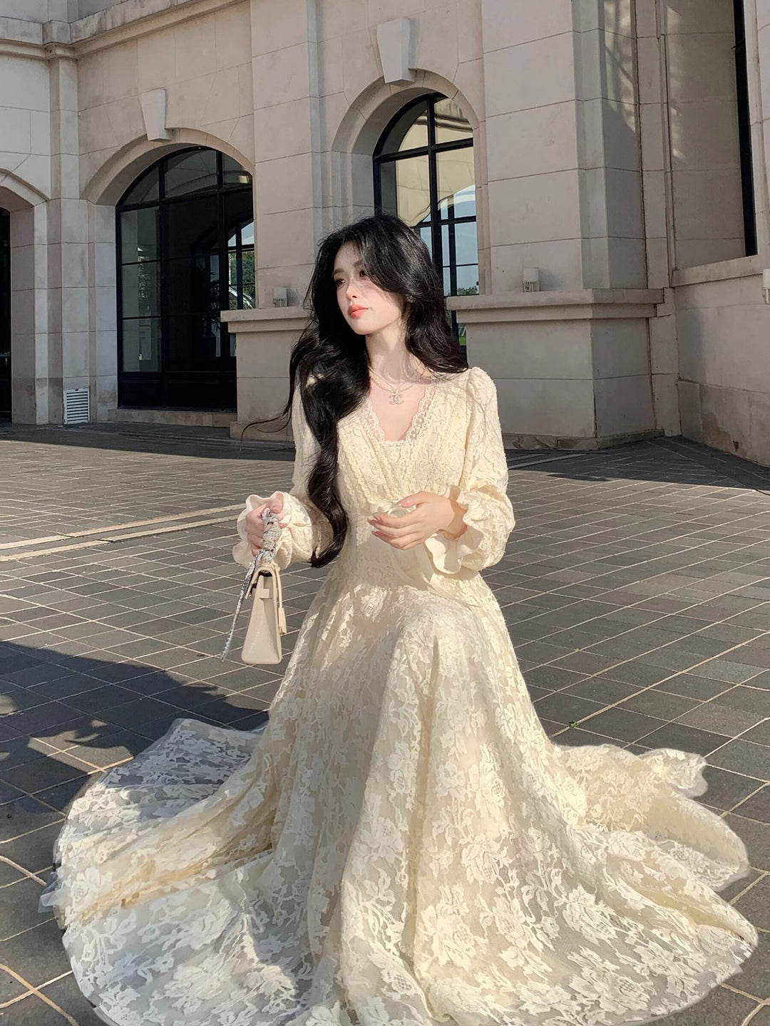 【dress】Vネックロングレースワンピース Q7563