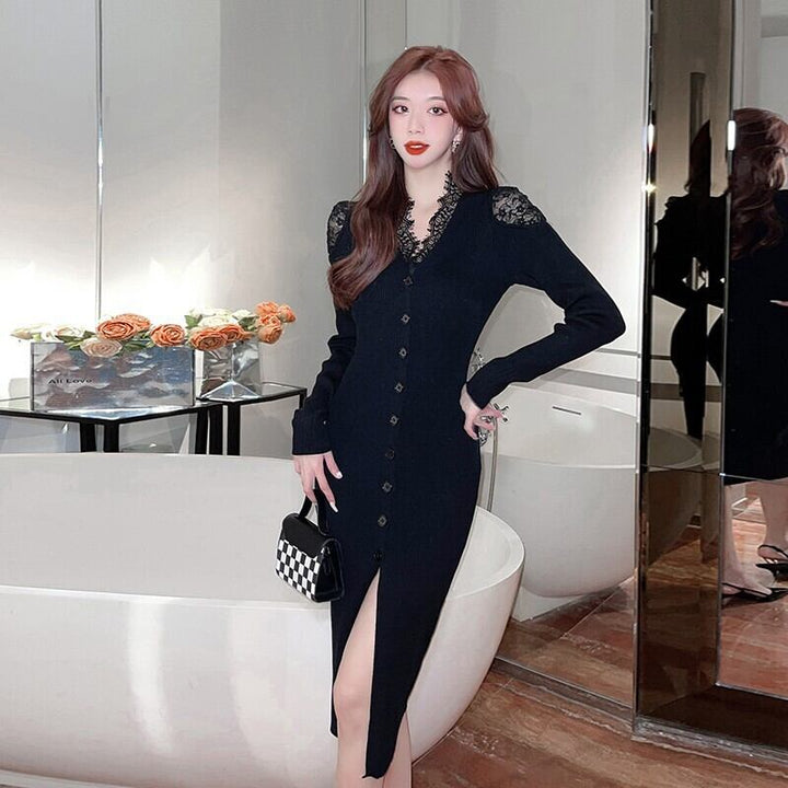 【dress】韓国系レース切り替えニットワンピース　M17631