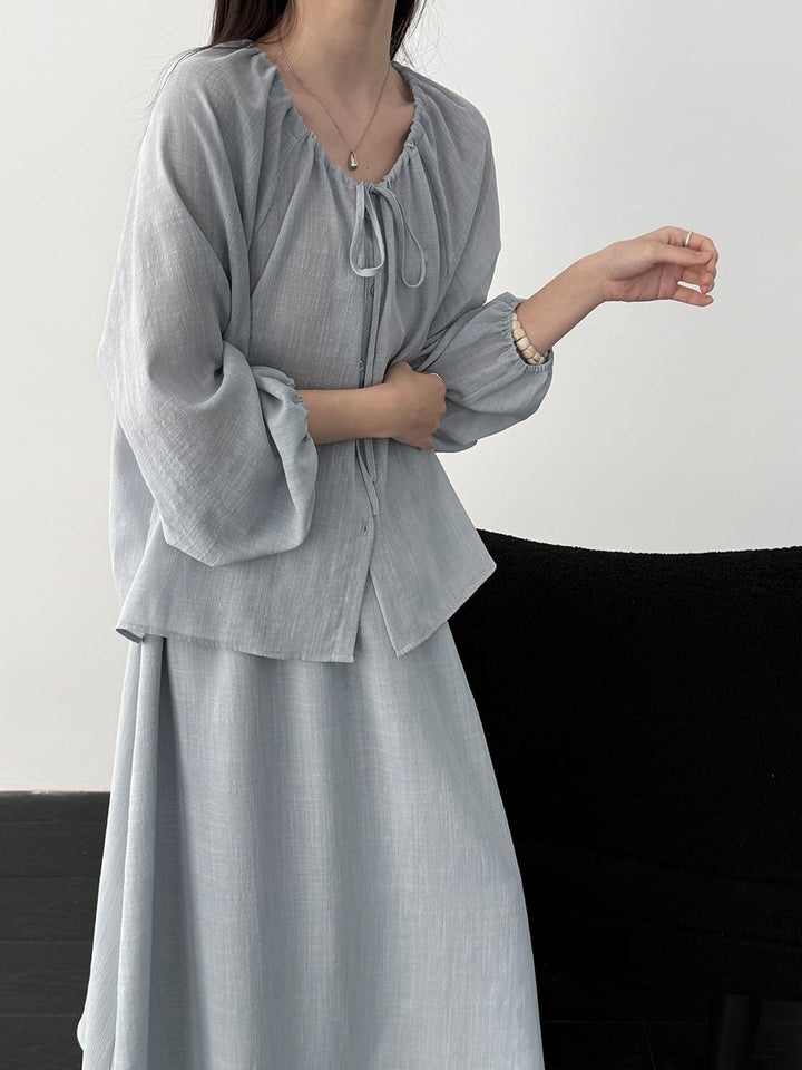 【set】リボン付きトップス×ロングスカートセット Q8324