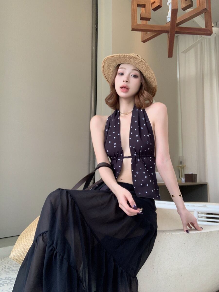 【set】ホルターネックバックレストップス×スカートセット　M30098