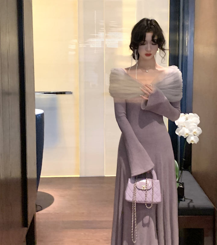 【dress】チュールドッキングニットワンピース　N3460
