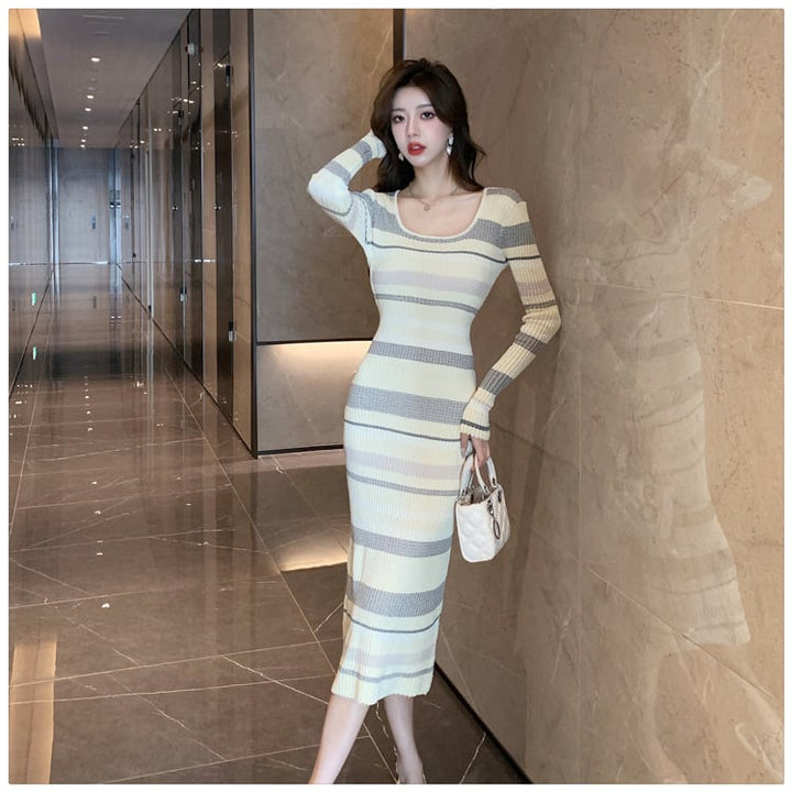 【dress】目立つ！ボーダー柄ニットワンピースオシャレ　M17464