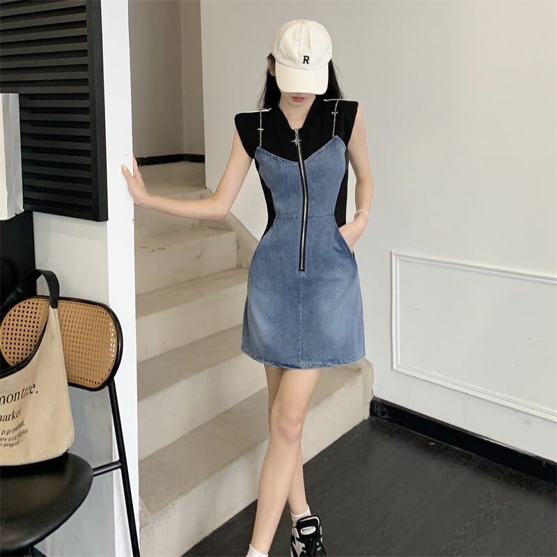 【dress】韓国系ファッション切り替えデニムワンピース　M17278