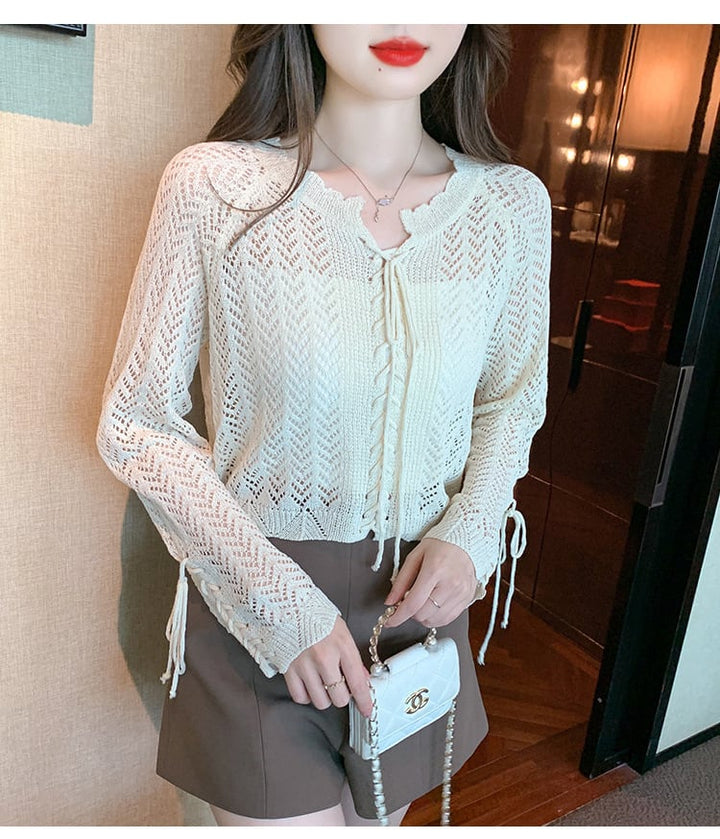 【tops】優しい雰囲気カットワークニットトップスゆったり　M17087