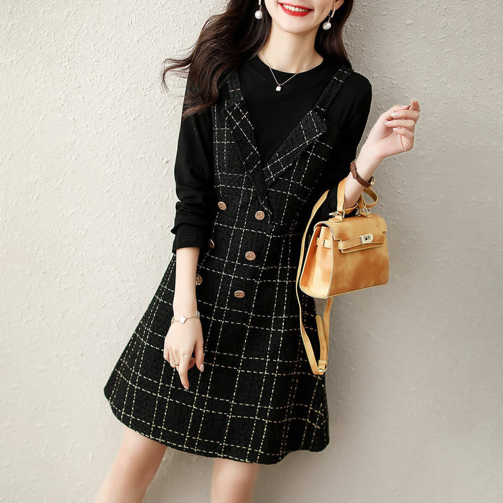 【dress】切り替えボタンデザインチェック柄ワンピース　M17688
