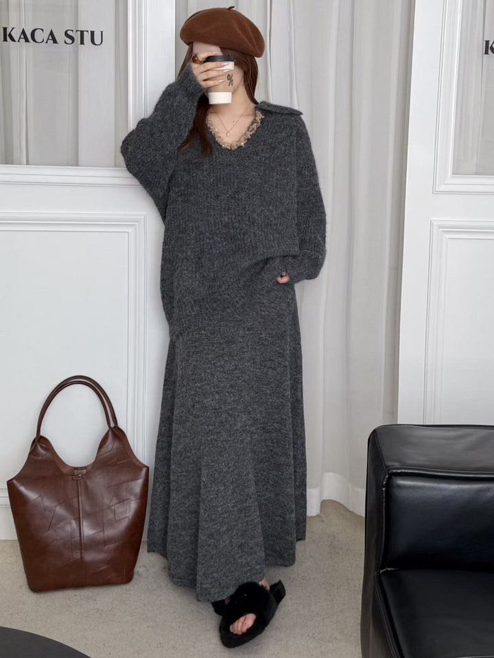 【set】Vネックニットトップス×ロングスカートセット Q7278