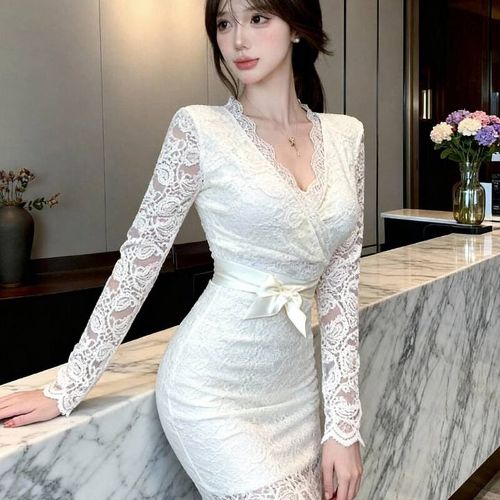 【dress】Vネックレースタイトワンピース Q7460