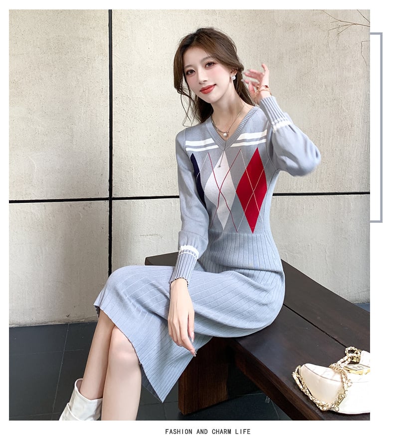 【dress】Vネックニットワンピース　M26546