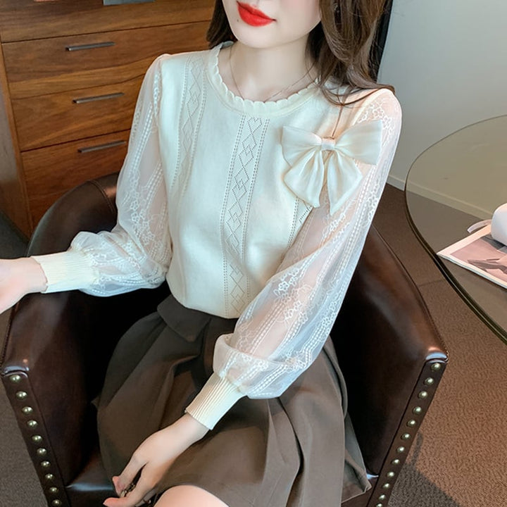 【tops】優しい雰囲気リボン付きレース切り替えトップス　M17185