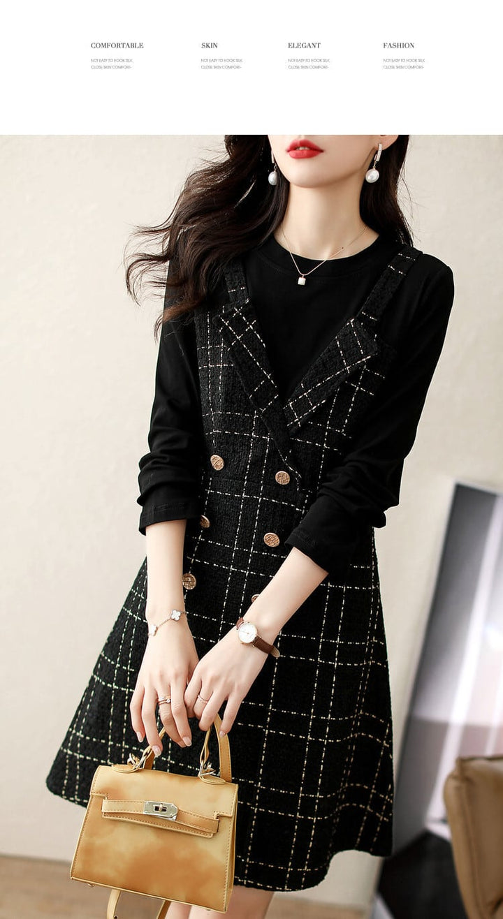 【dress】切り替えボタンデザインチェック柄ワンピース　M17688