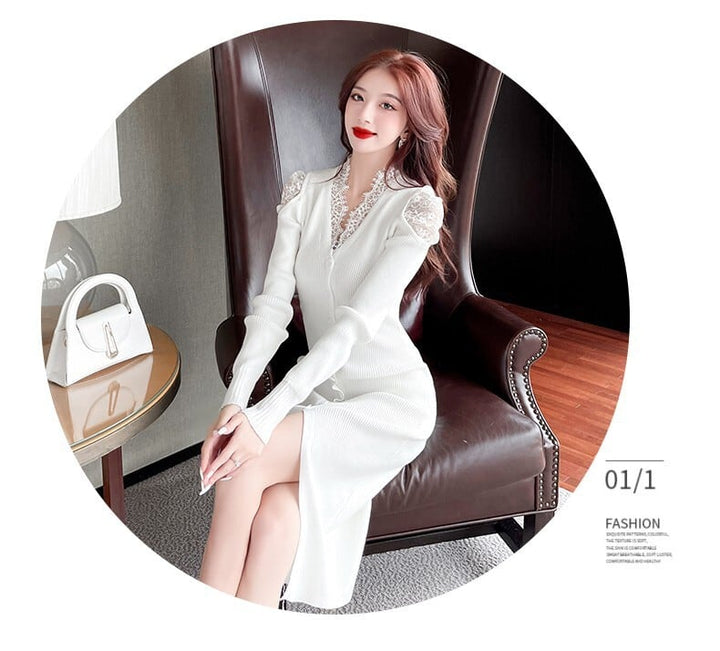 【dress】韓国系レース切り替えニットワンピース　M17631