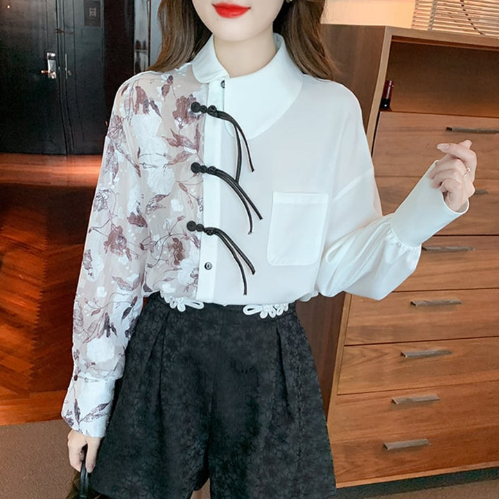 【tops】プリントドッキングシャツトップス　M18287
