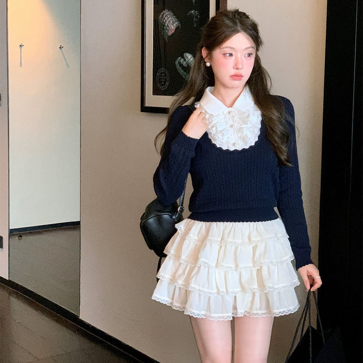 【tops】レースフリルドッキングニットトップス　N3362