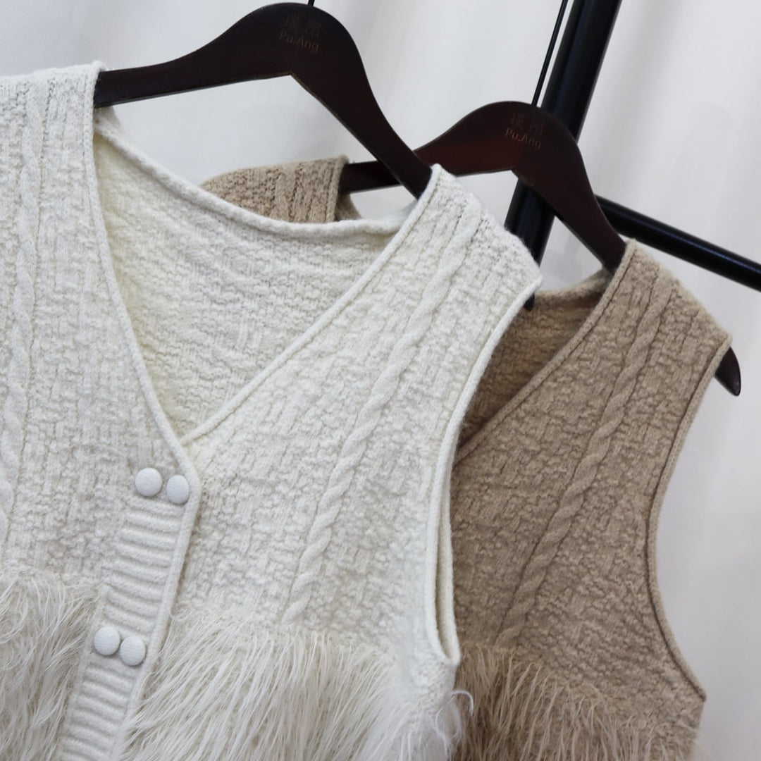 【tops】Vネックフェザーニット切り替えジレ　M17784