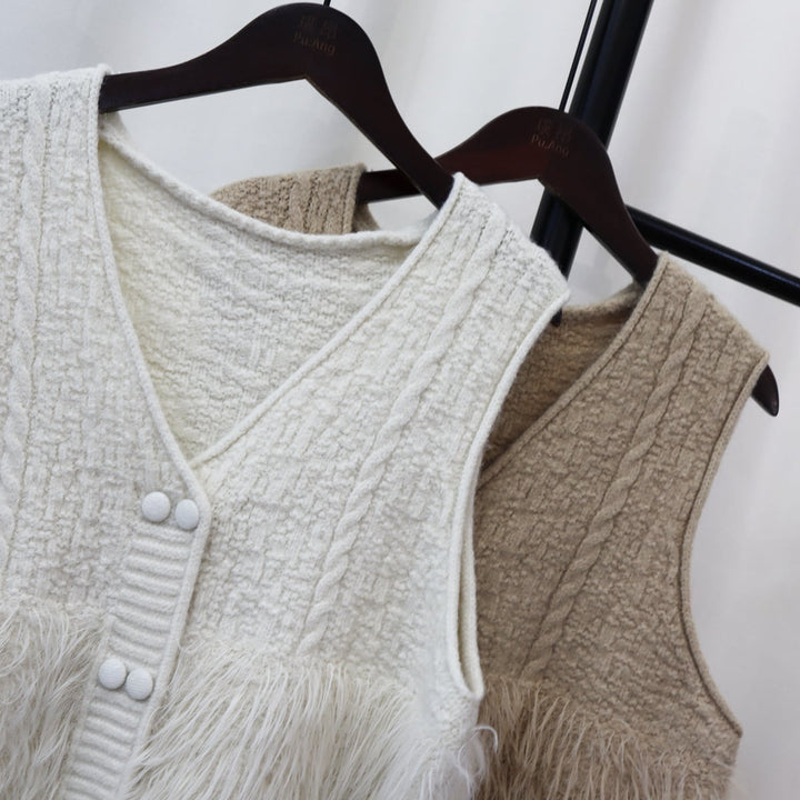【tops】Vネックフェザーニット切り替えジレ　M17784