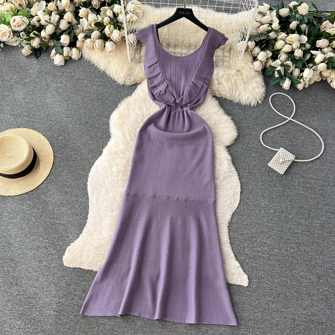 【dress】おしゃれ！フリル薄手ニットワンピース着瘦せ　M16865