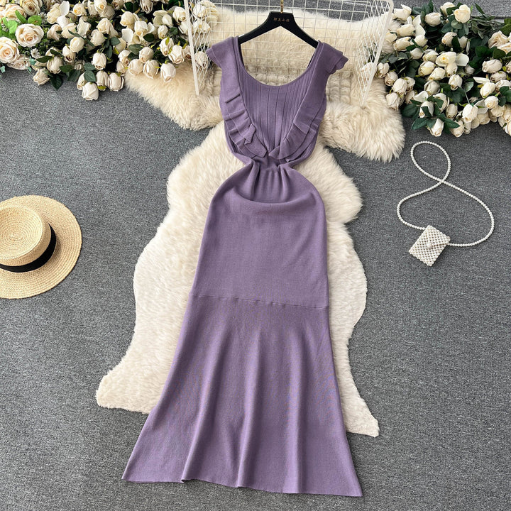 【dress】おしゃれ！フリル薄手ニットワンピース着瘦せ　M16865