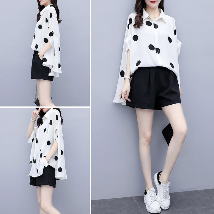 【set】目立つ！2点セットドット柄シャツトップス+ショートパンツ　M16818