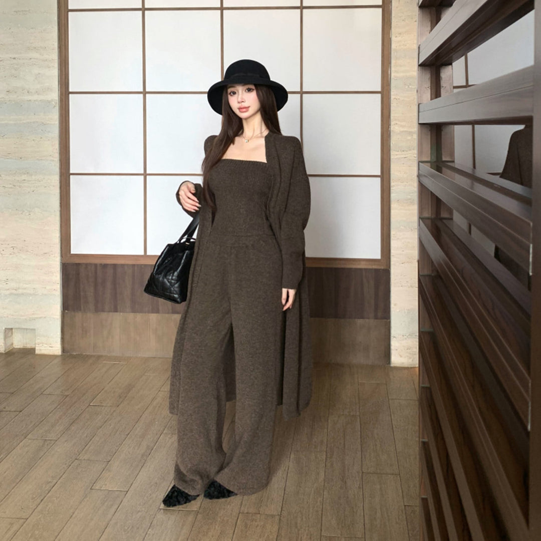 【set】ロング丈カーディガン×ベアトップ×ワイドパンツ3点セット　N3329