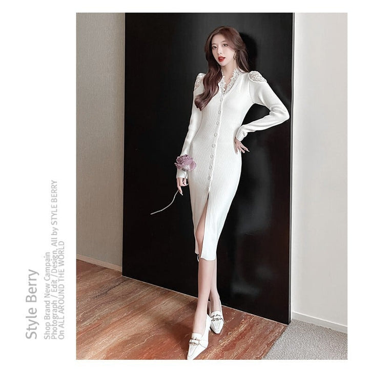 【dress】韓国系レース切り替えニットワンピース　M17631