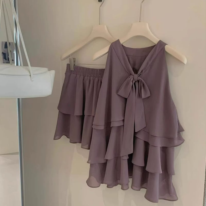 【set】ノースリーブギャザーフリルトップス×ショートパンツセット Q8370