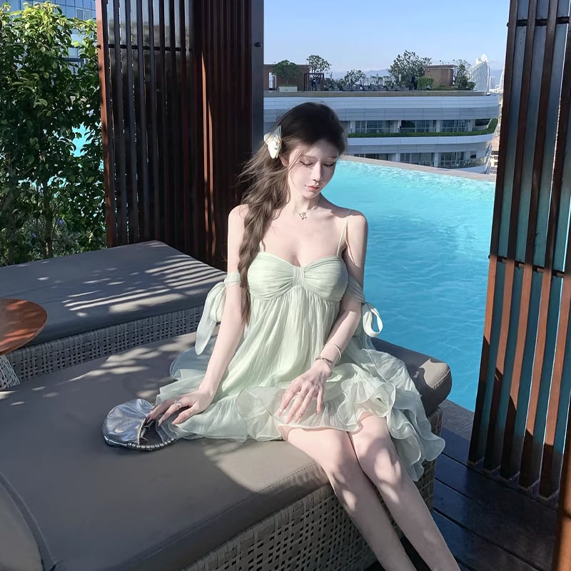 【dress】リボン付きフリルミニワンピース Q8405