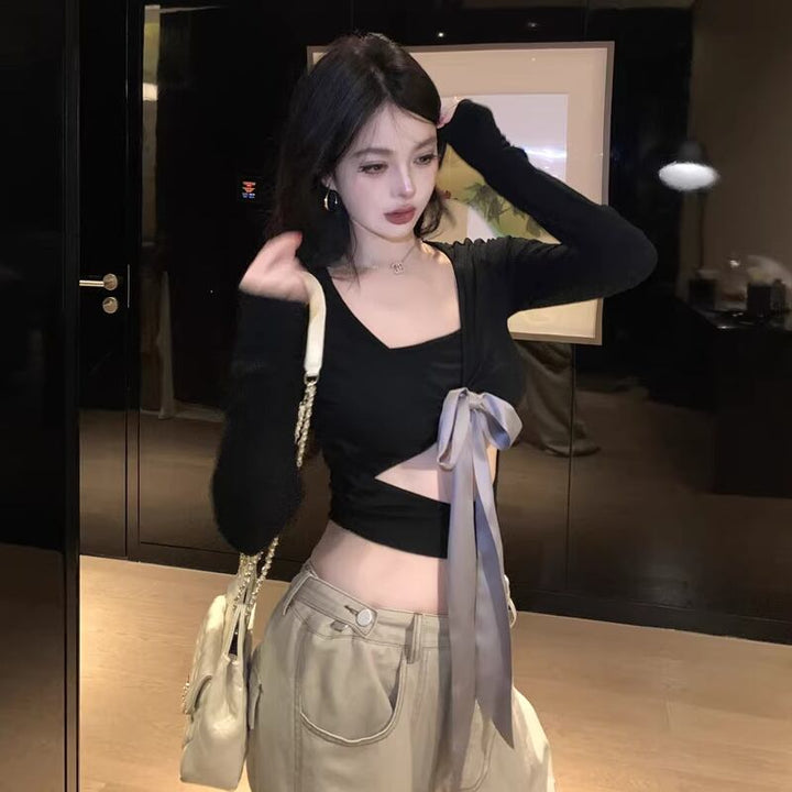 【tops】ビッグリボン付きフロントカットトップス Q8136