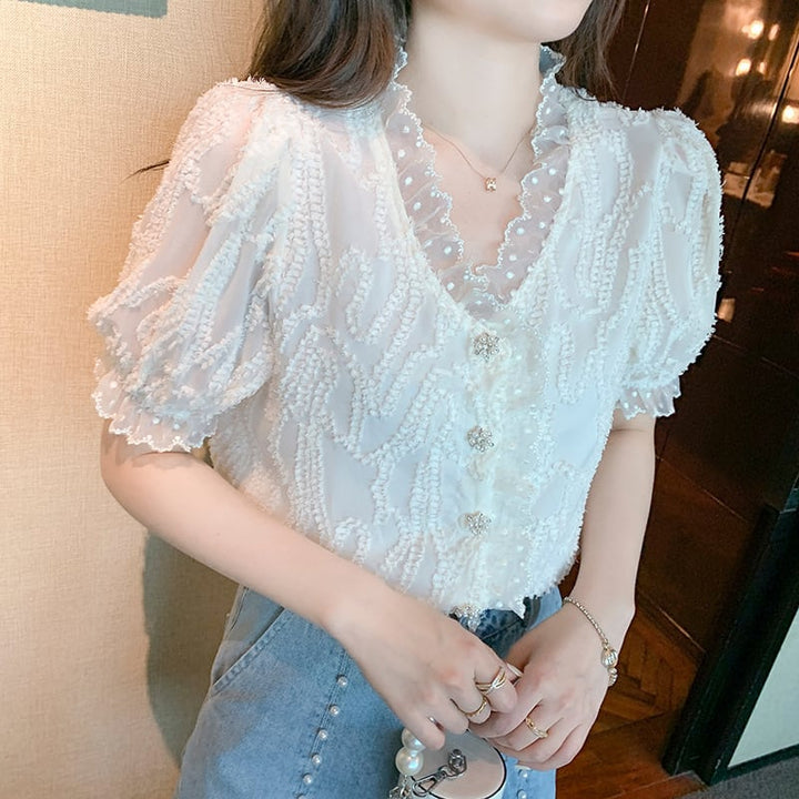 【tops】柔らかくて優しい印象Vネックレースシャツトップス　M17038