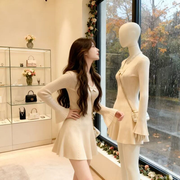 【dress】リボン付きフレアニットワンピース Q7118