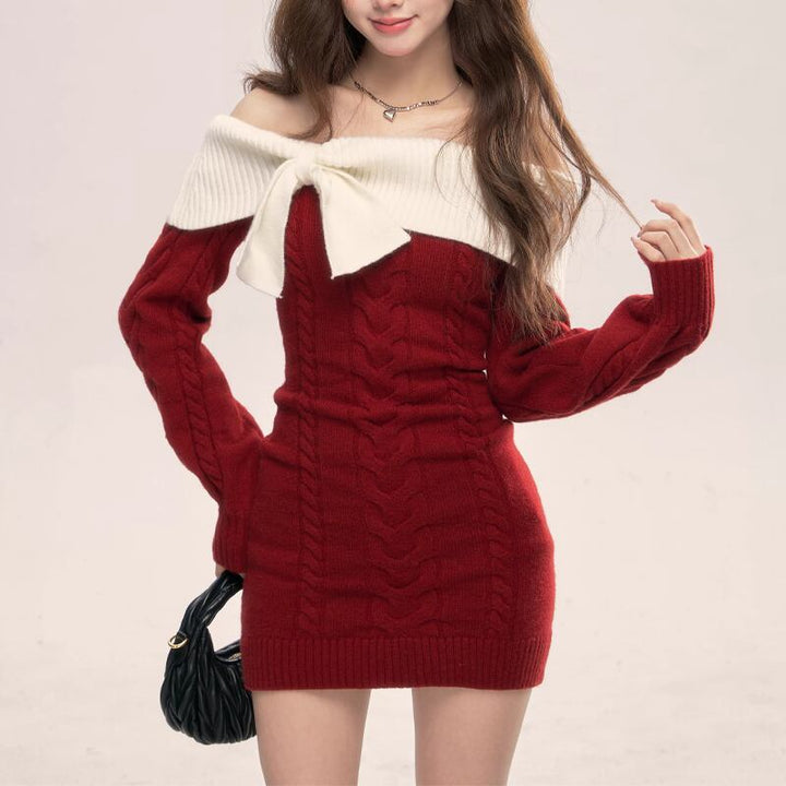 【dress】リボン付きオフショルダーニットワンピース Q7769