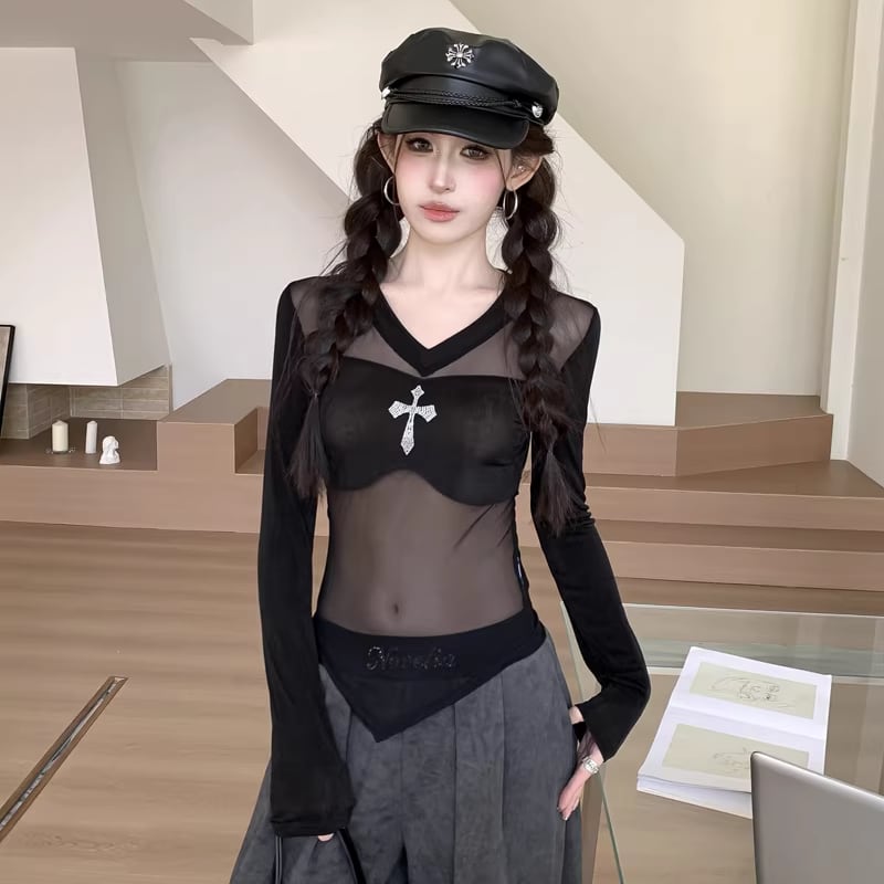【tops】透け感チュールドッキングトップス Q8197