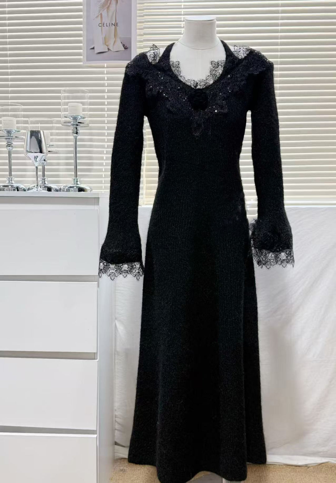 【dress】レースドッキングニットワンピース Q7479