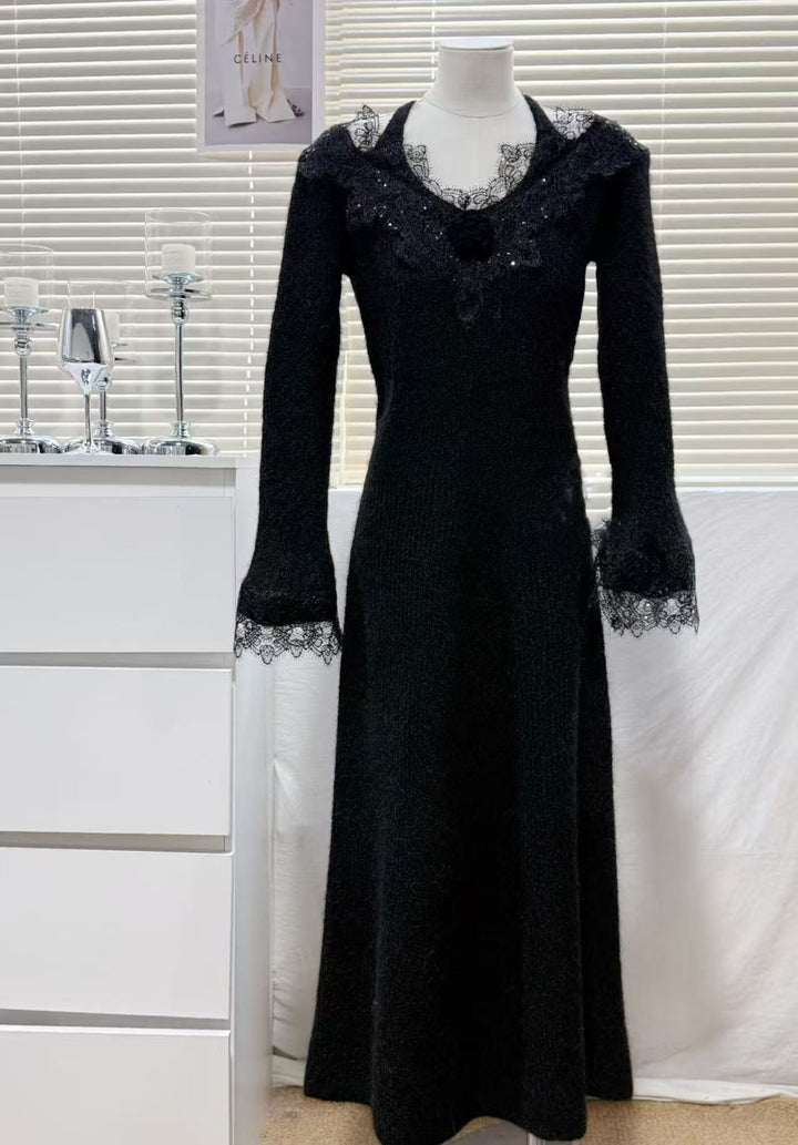 【dress】レースドッキングニットワンピース Q7479