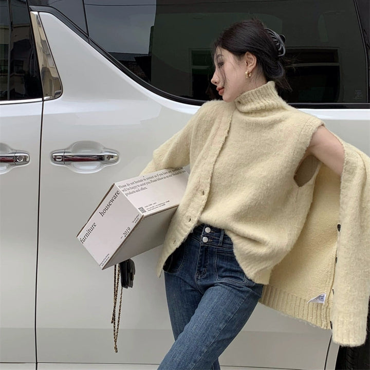 【tops】ハイネックノースリニットトップス×カーディガンセット　N2147
