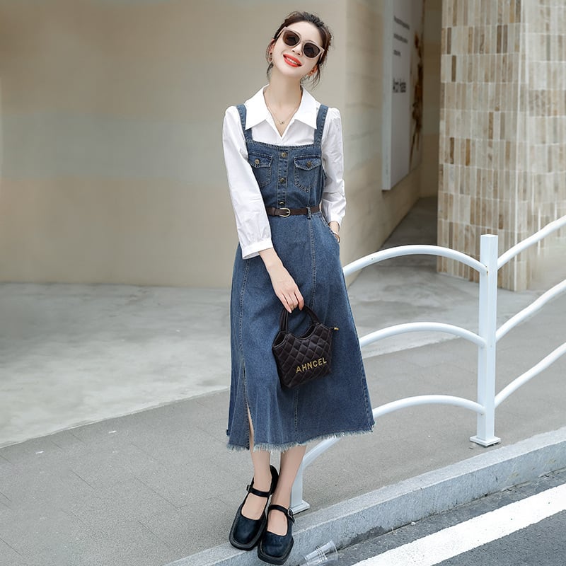 【set】シャツ×デニムサロペットワンピースベルト付きセット　M17837
