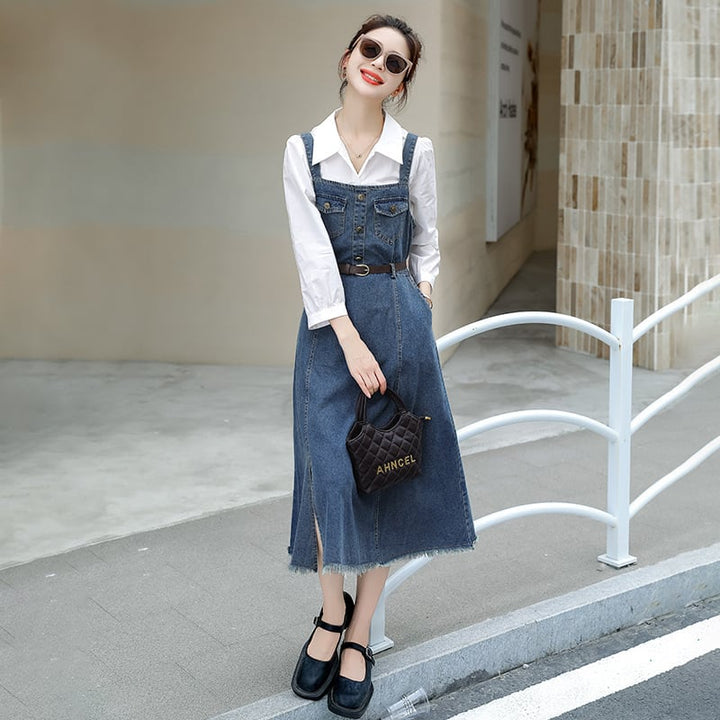 【set】シャツ×デニムサロペットワンピースベルト付きセット　M17837