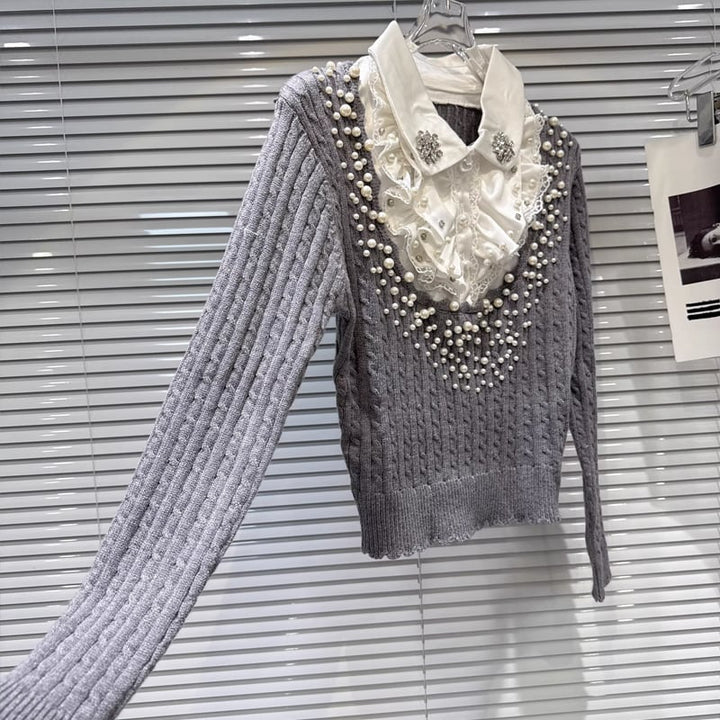 【tops】パール付きフェイクレイヤードニットトップス Q7998