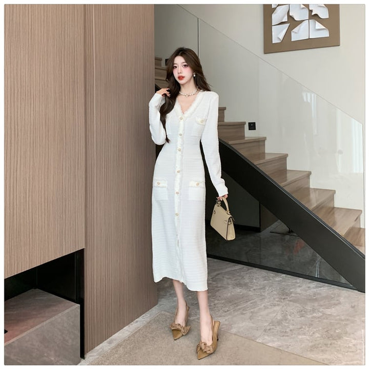【dress】Vネックボタンデザインニットワンピース　M17919