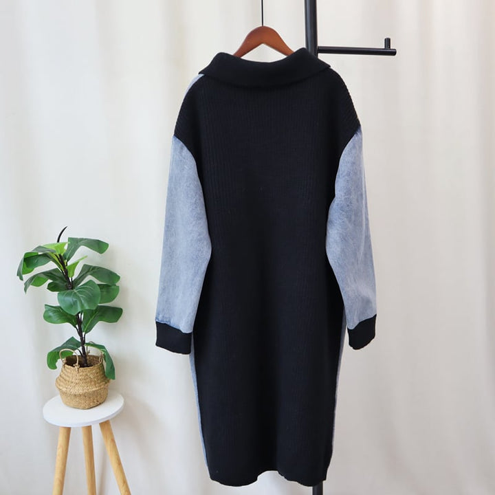 【outer】ロング丈デニム切り替えニットカーデ　M26677