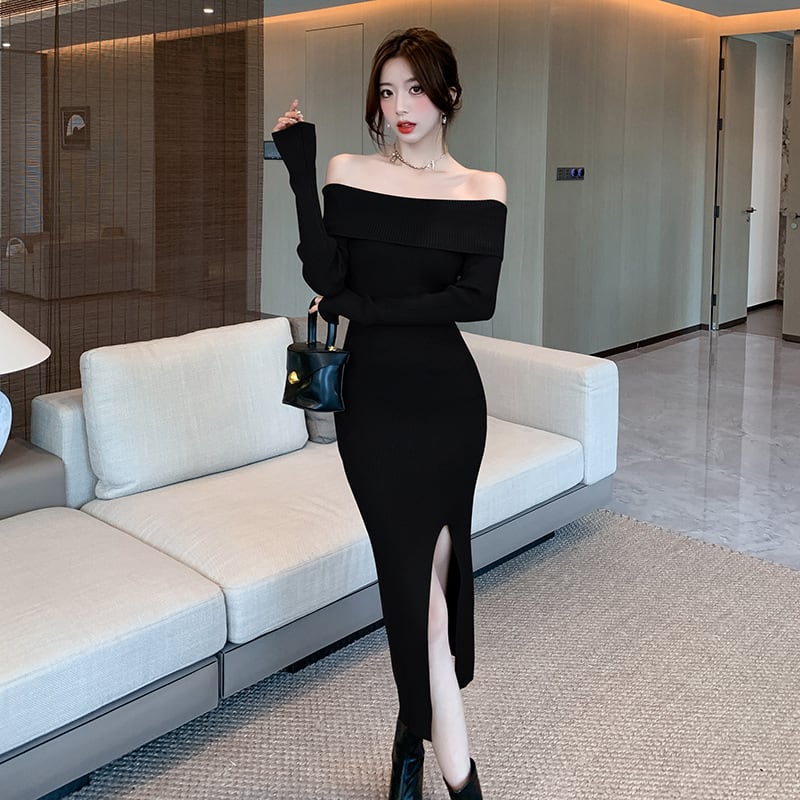 【dress】ボートネックスリットニットワンピース　M18085