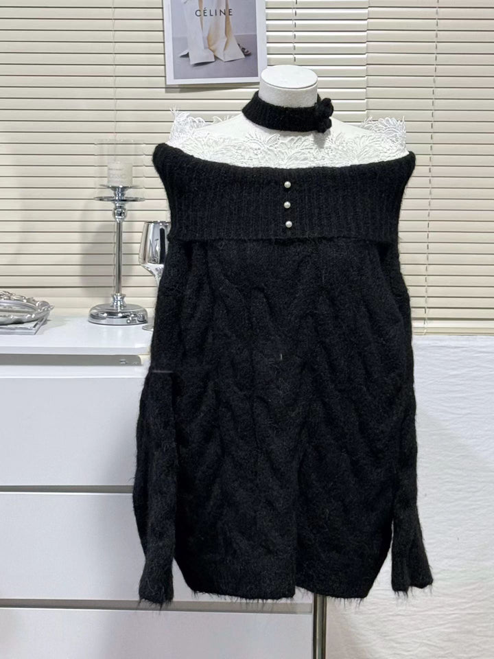 【tops】レースドッキングオフショルダーニットトップス Q7680