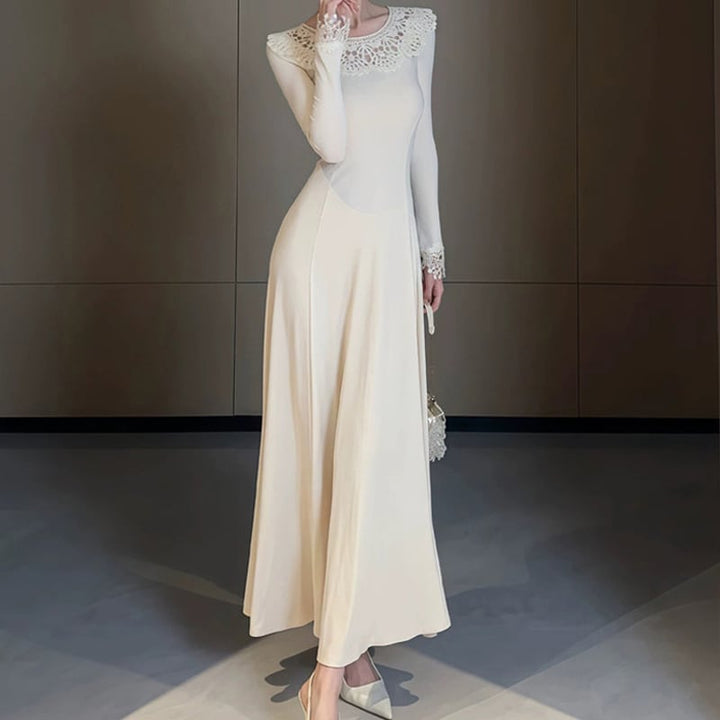 【dress】カットワークレースドッキングロングワンピース Q7349