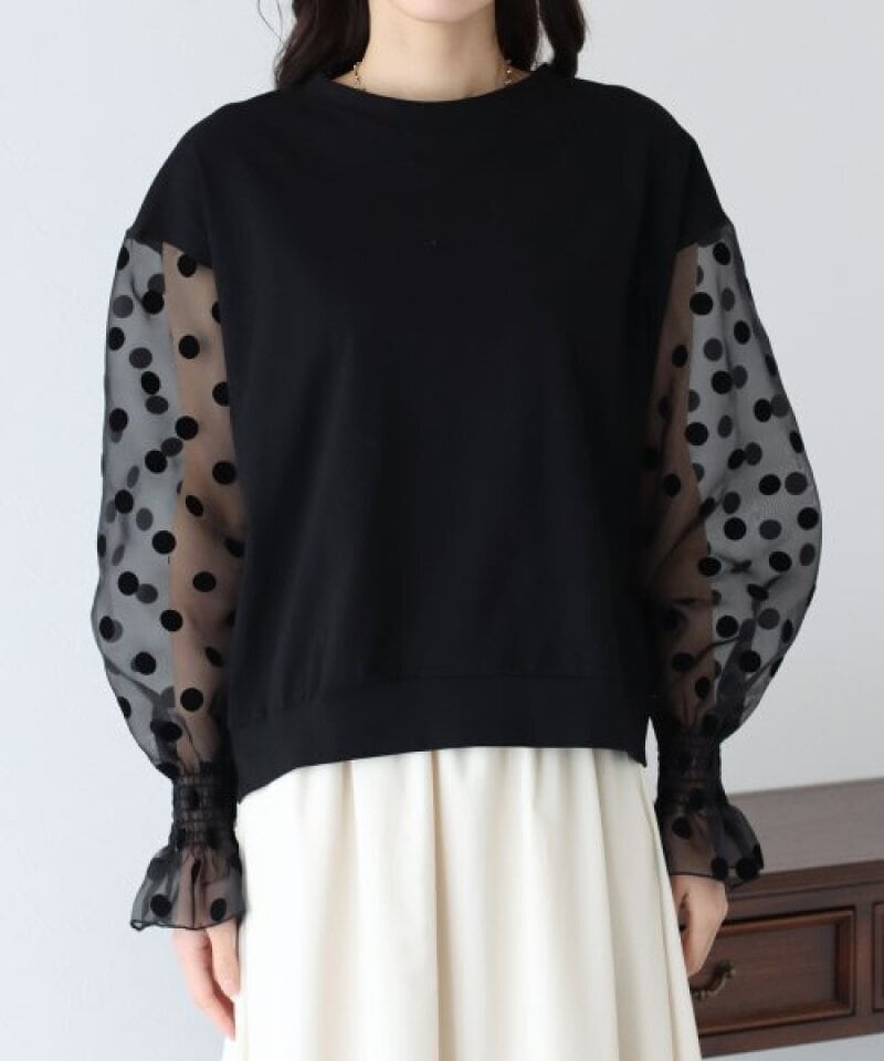 【tops】チュール切り替え長袖Tシャツ　M22604