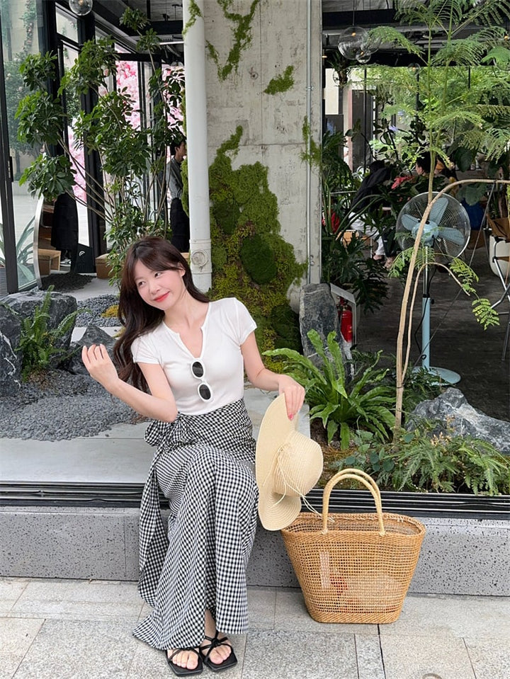 【set】VネックTシャツ×チェック柄スカートセット　M24274