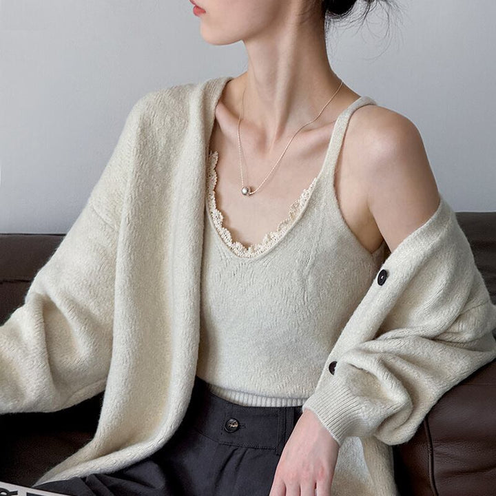 【set】レースドッキングキャミ×ニットカーディガンセット Q6966