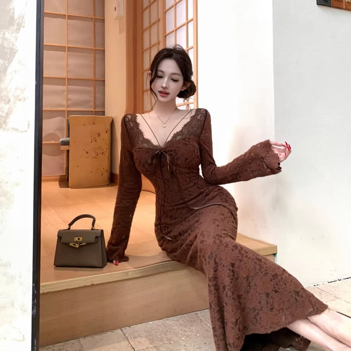 【dress】胸パット付きロングレースワンピース Q8167