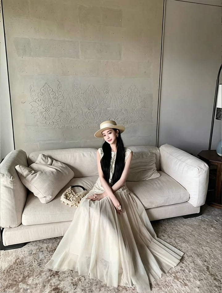 【dress】ノースリーブレースドッキングロングワンピース Q8466