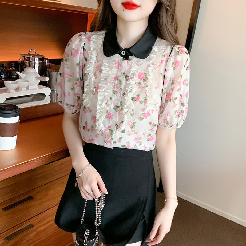 【tops】美人度アップスウィート折り襟花柄シャツトップス　M16883