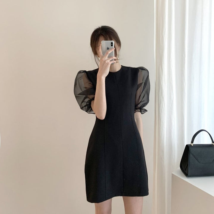 【dress】チュールスリーブ切り替えワンピース　M23986