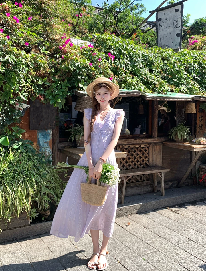【dress】レースドッキングフラッタースリーブロングワンピース Q8531